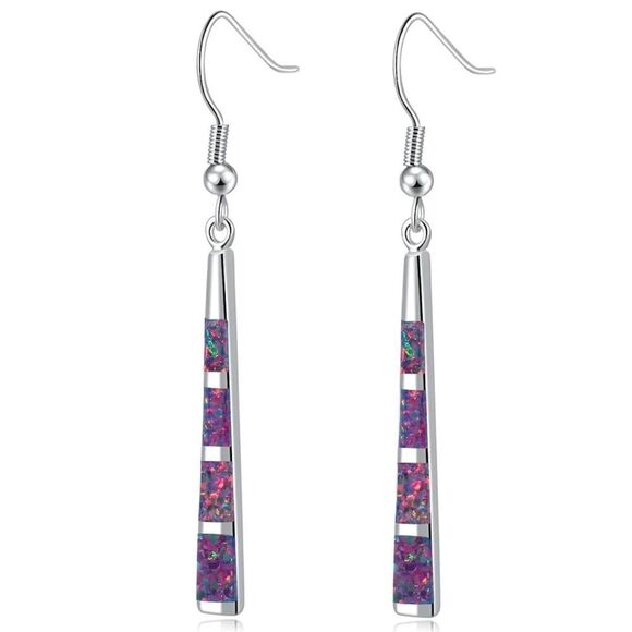 14K White Gold with Genuine Black Fire Opal Dangling Hook Tapered Bar Earrings - Picture 1 of 5